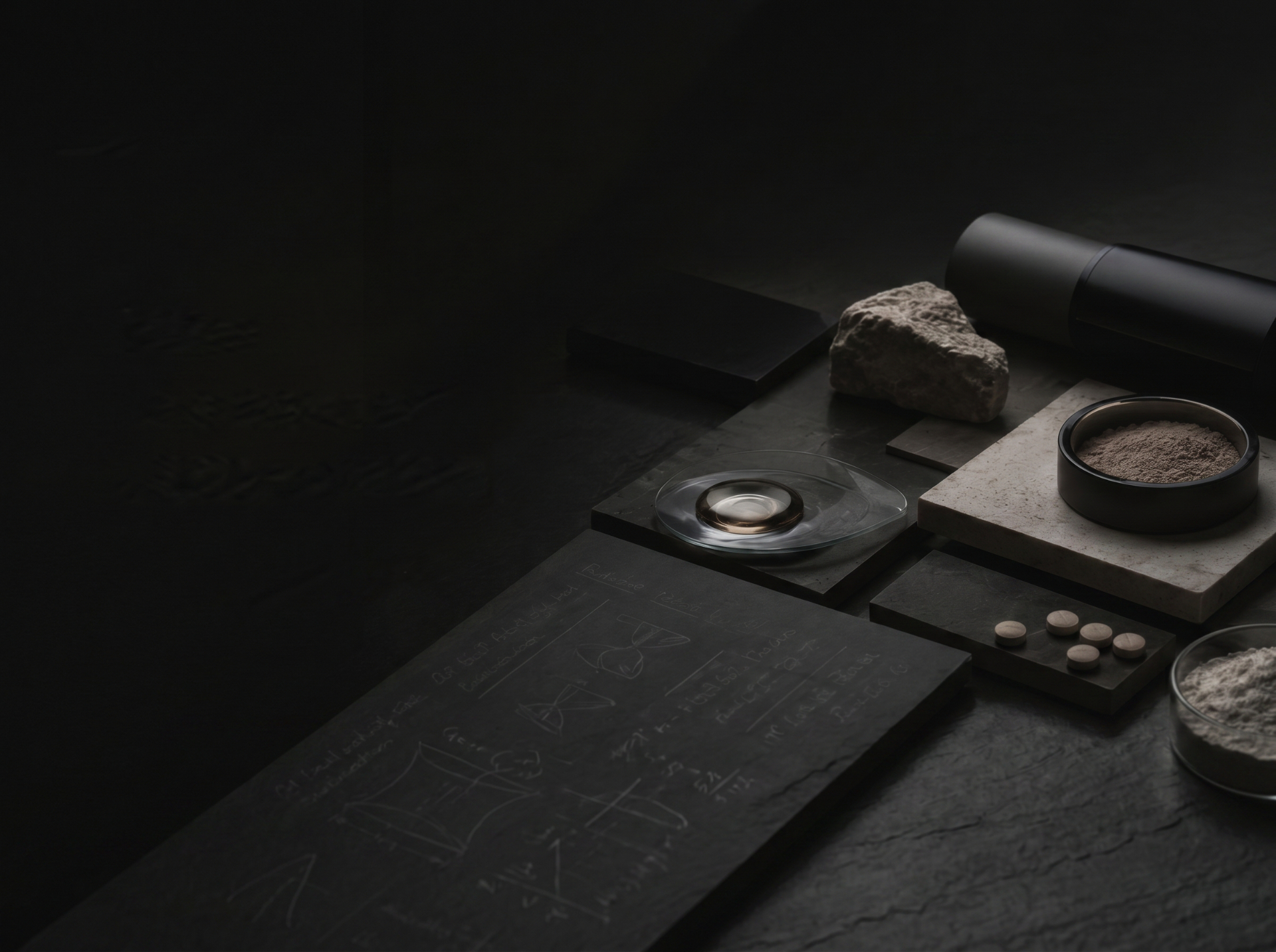 Editorial-Stillleben aus dunklen Materialien, Stein, Extrakt und Prototyp — ZAYN Group